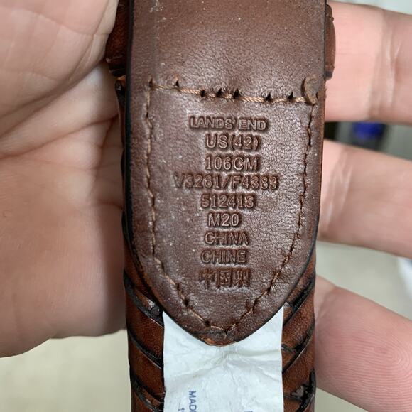 Lands’ End Leather Belt Mens Sz 42 Brown Braided Brass Buckle Adjustable - Picture 3 of 8